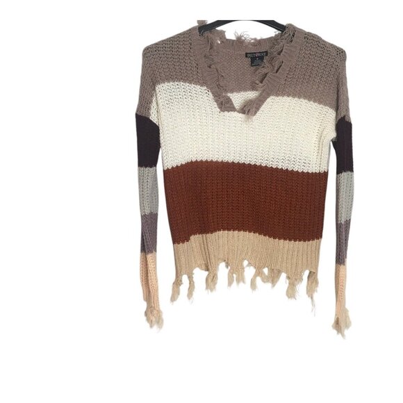 Destructed Sweater Womens  Medium Fringe Chunky Knit Striped Colorblock V-Neck - Picture 2 of 13